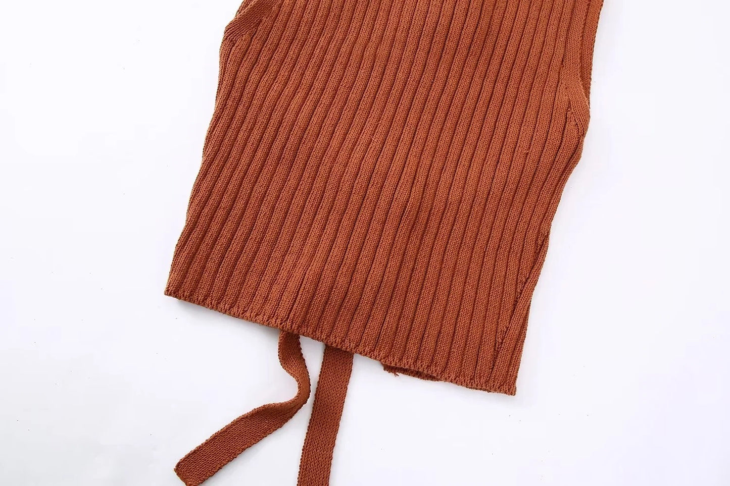 Women's Terracotta Ribbed Open Back Tie Knit Top