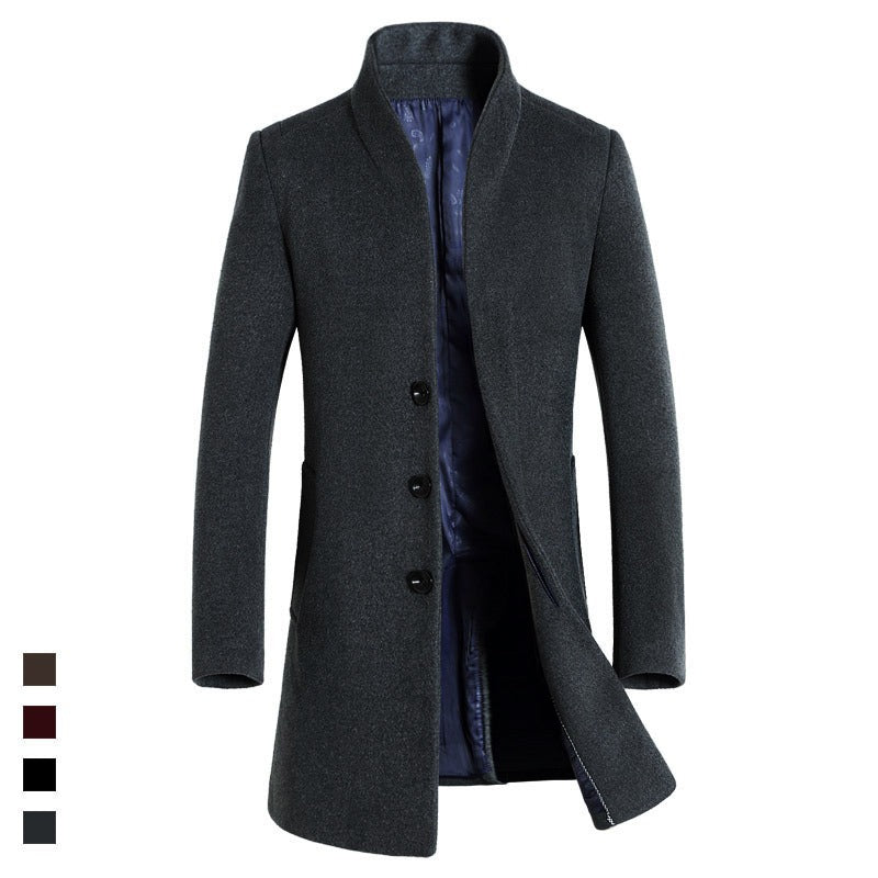 Men's Wool Long Smart Coat Straight Collar Button Front Winterwear