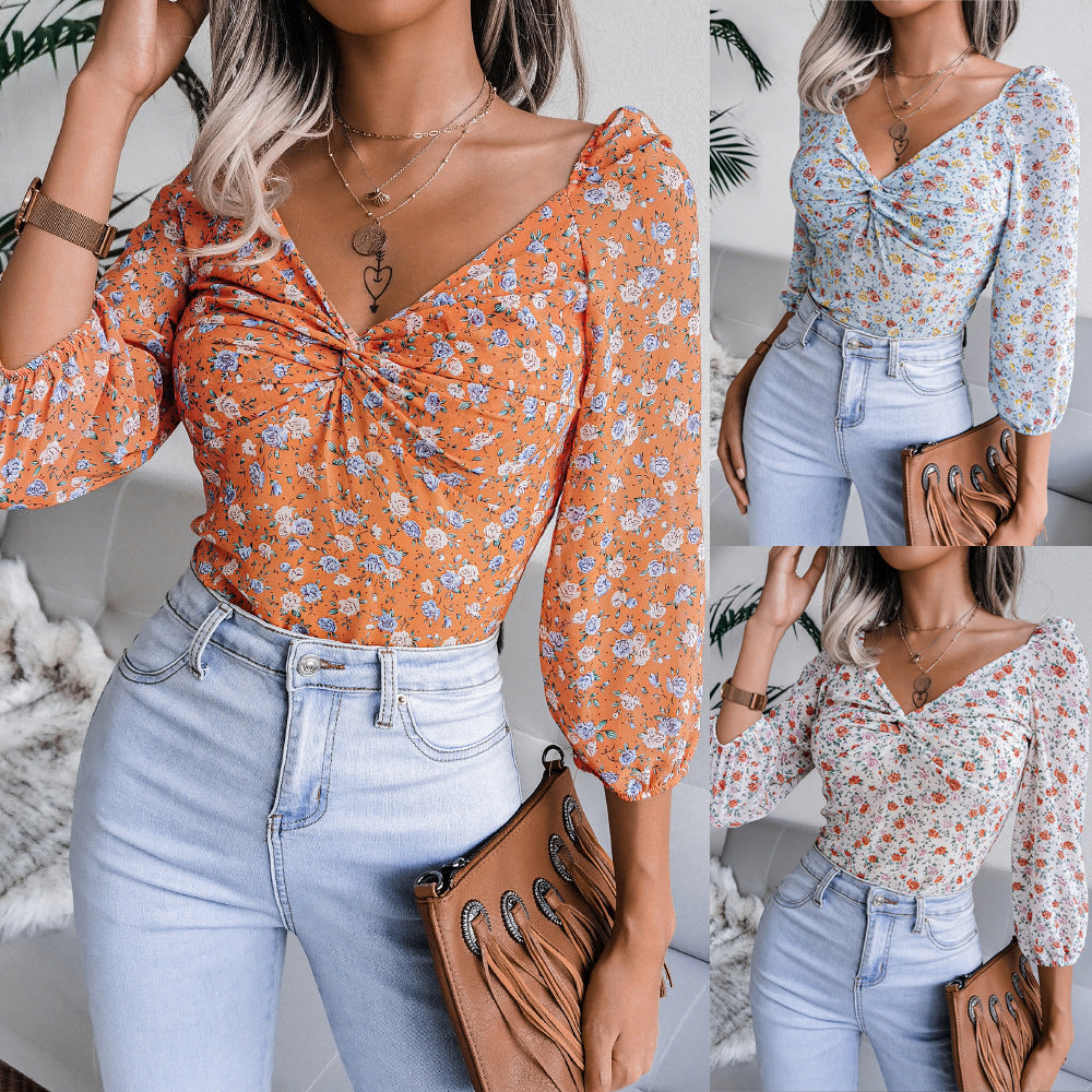 Women's Ditsy Floral V-Neck Knotted Front Long Sleeve Chiffon Top