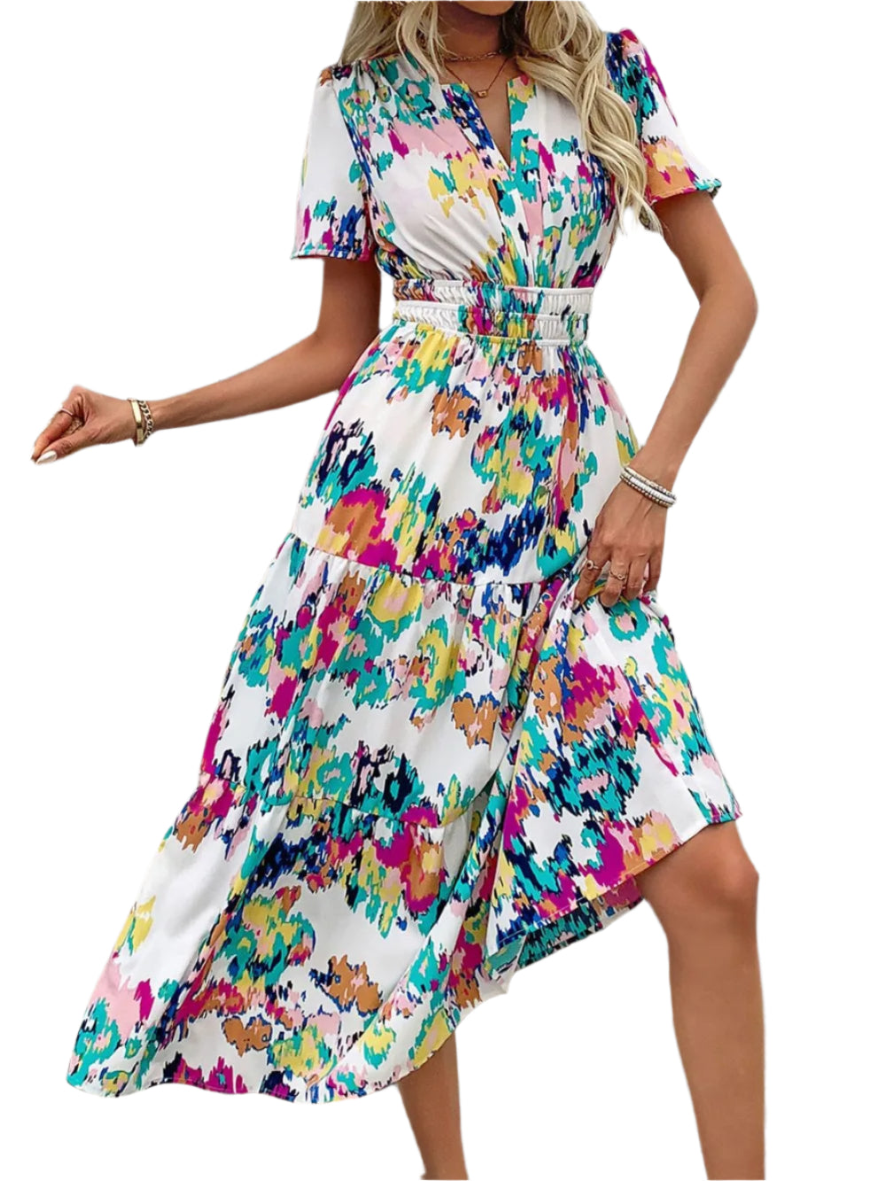 Women's Bright Floral Print V Neck Fitted Midi Dress