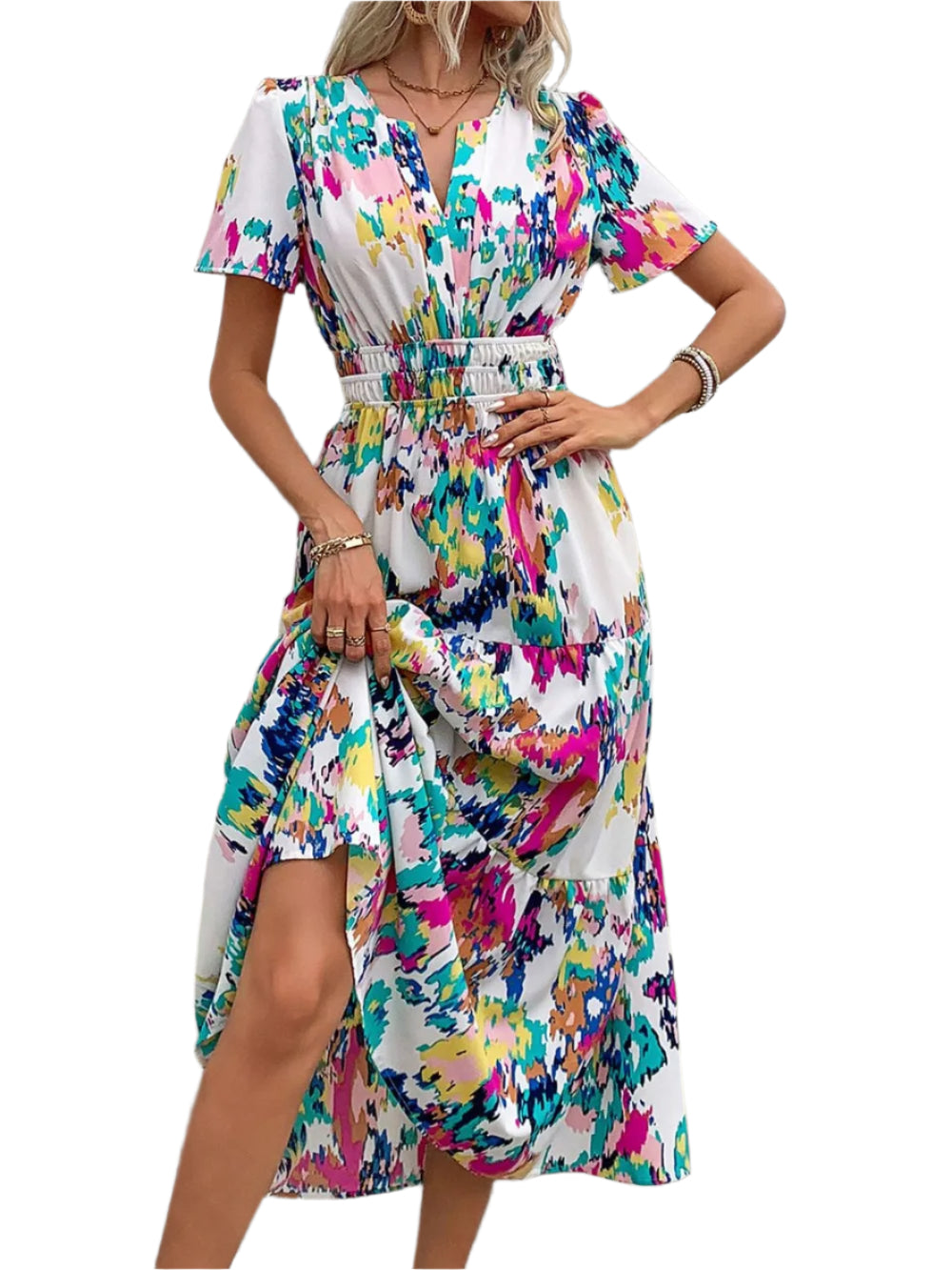 Women's Bright Floral Print V Neck Fitted Midi Dress