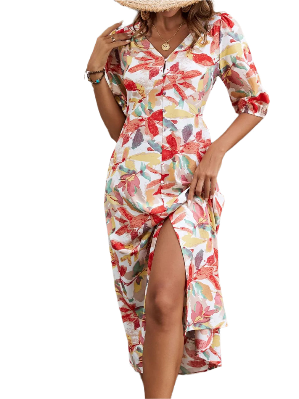 Women's Floral Print V-Neck Button Front Dress