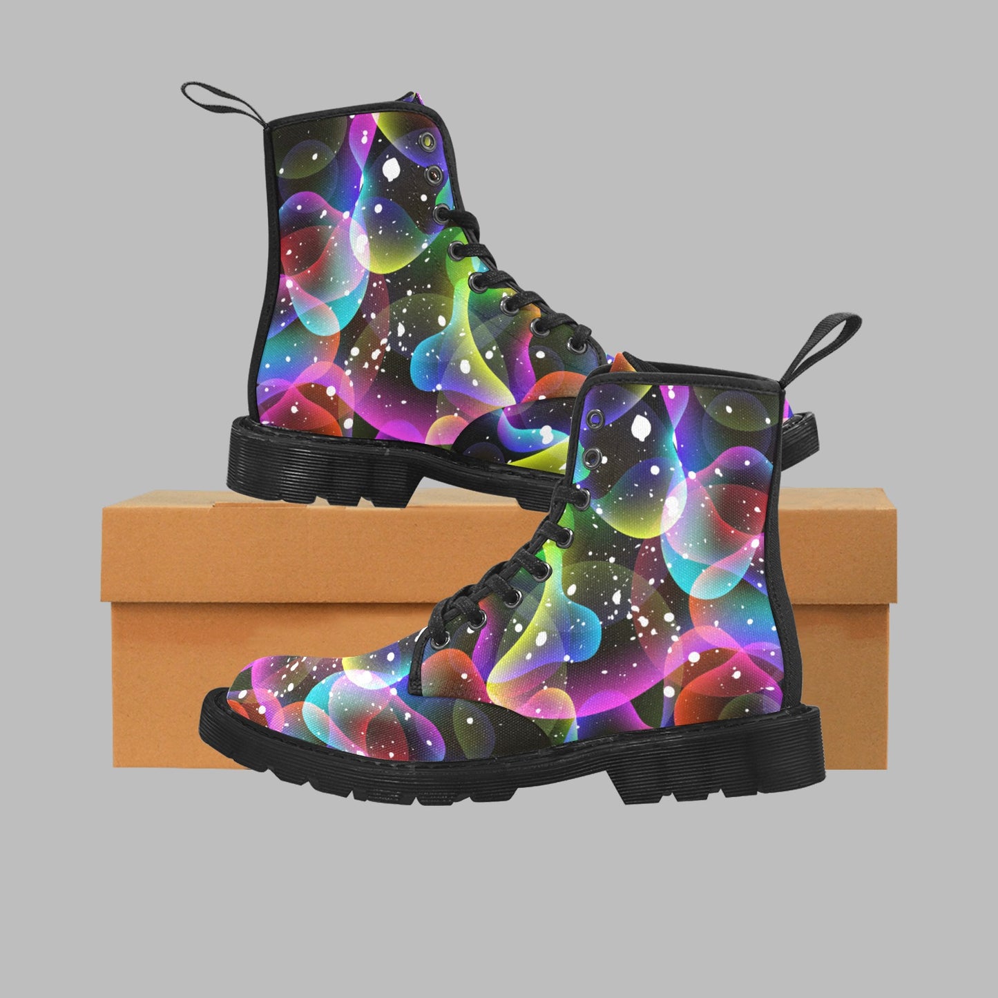 Women's Galactic Rainbow Print Lace Up Canvas Doc Style Boots