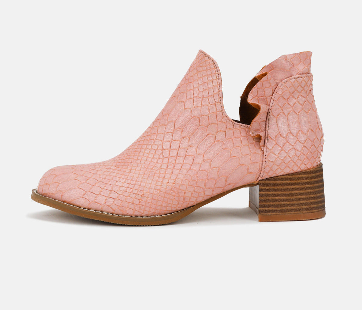 Women's Snakeskin Ankle Boots Round Toe Heavy Low Heel Pull-On Shoes Footwear Fashion