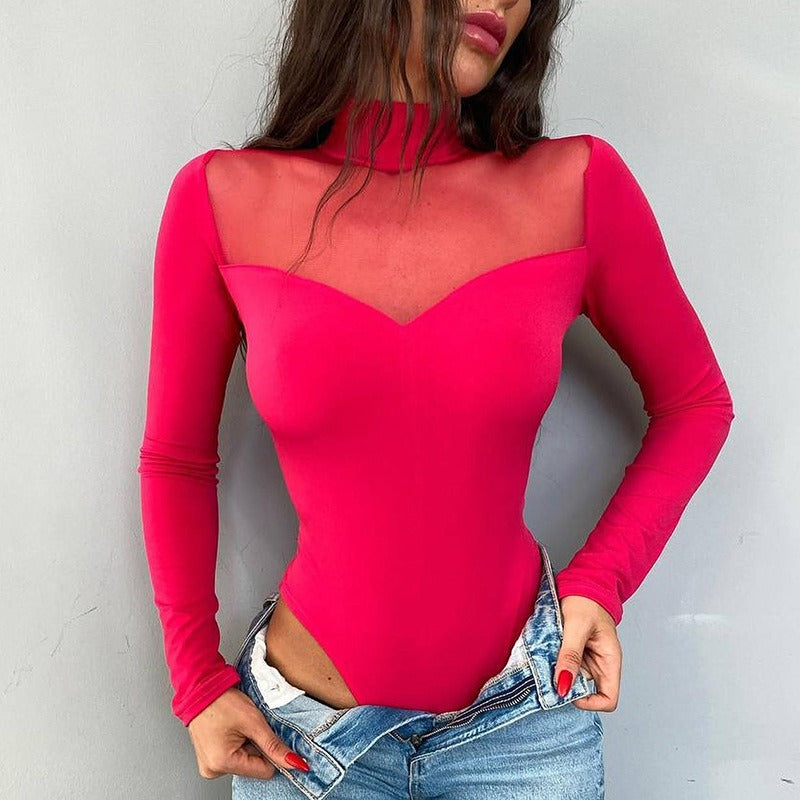 Women's Solid Colour Mesh Bodysuit Long Sleeve High Neck Slim Fitted Top