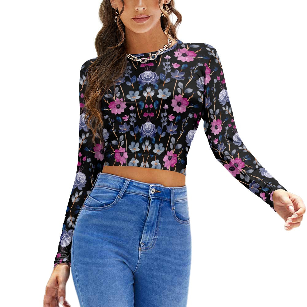 Women's Floral Print Backless Long Sleeve Short Top