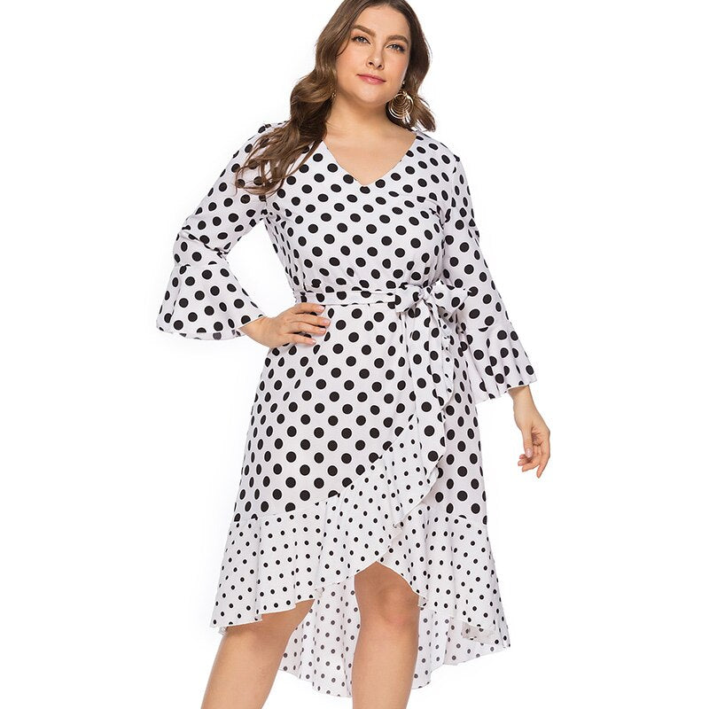 Women's Plus Size Polka Dot Wrap Dress Long Sleeve V-Neck Knee Length