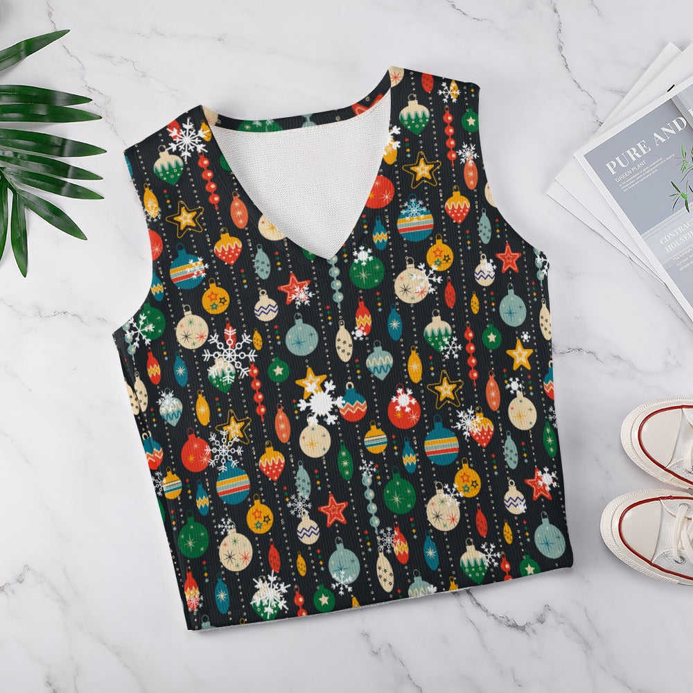 Women's Christmas Bauble Theme Sleeveless Ribbed Knit V-Neck Vest Tank Top