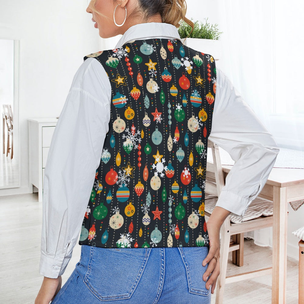 Women's Christmas Bauble Theme Sleeveless Ribbed Knit V-Neck Vest Tank Top