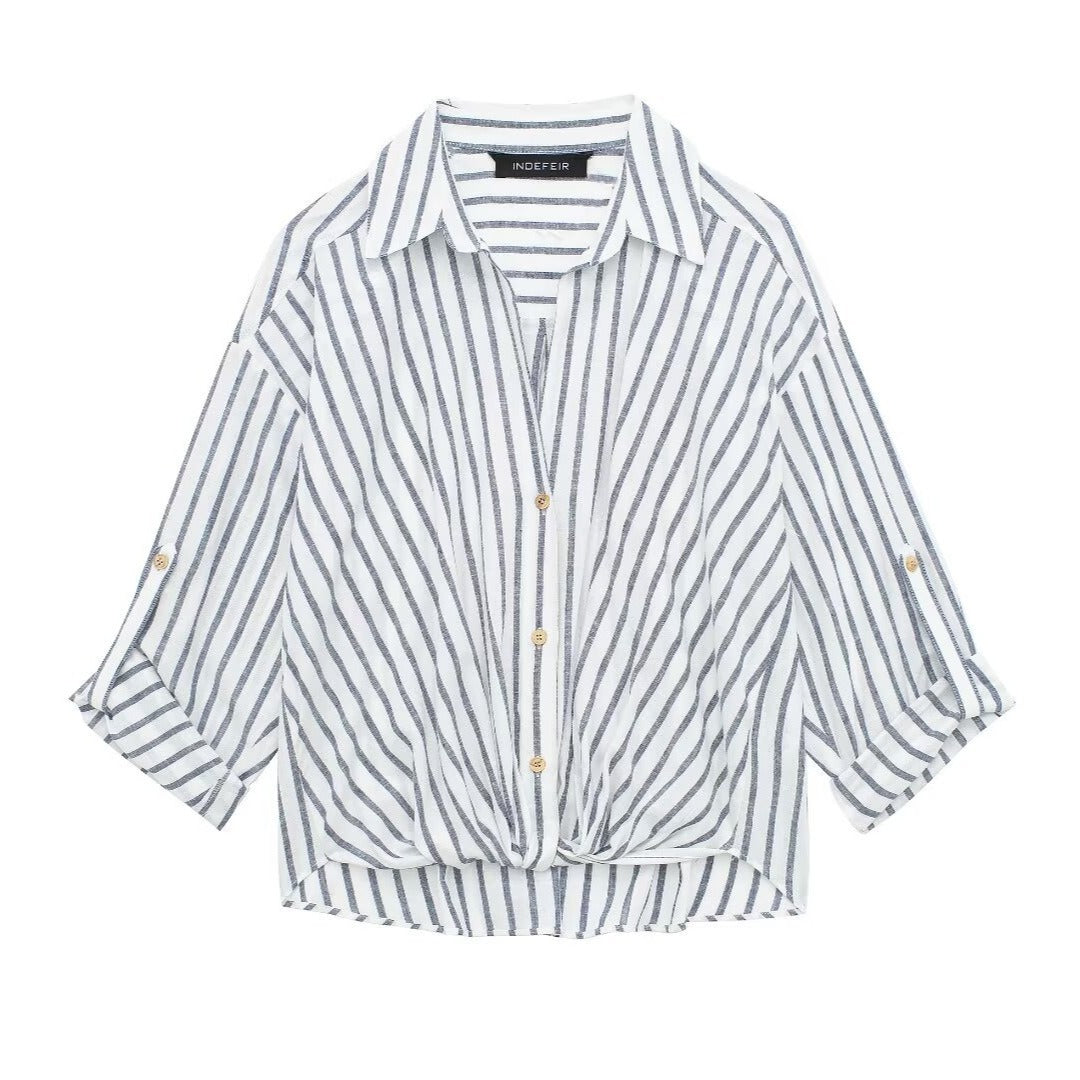 Women's Striped Knot Twist Front Shirt Linen V-Neck Blouse