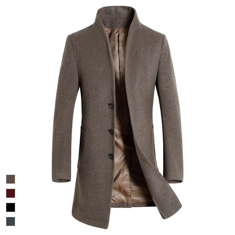 Men's Wool Long Smart Coat Straight Collar Button Front Winterwear