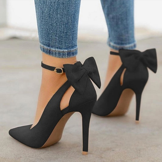 Women's Faux Suede Bow Detail High Heels Pointed Toe Thin Ankle Buckle Strap Stiletto Shoes