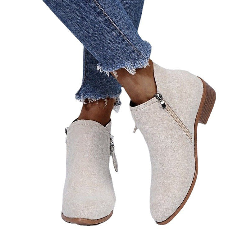 Women's Suede Ankle Boots Short Thick Heel Side Zipper