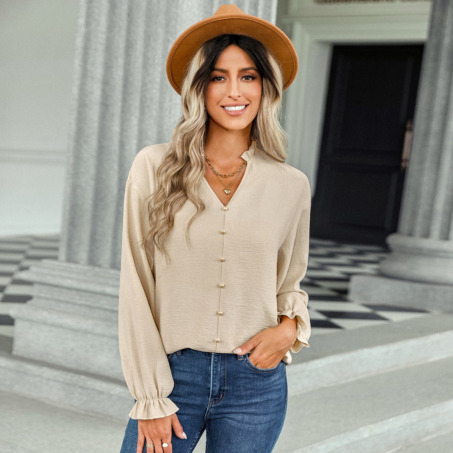 Women's V-Neck Button Detail Frill Collar and Cuffs Blouse