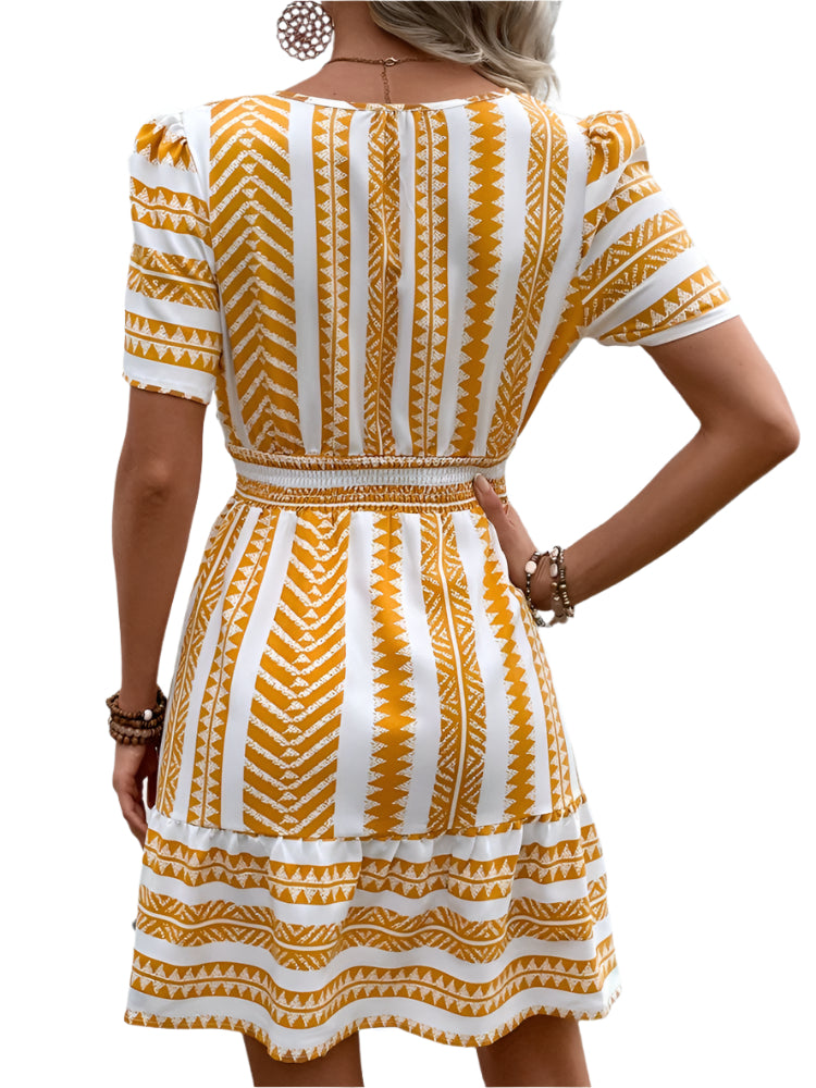 Women's Yellow Bohemian Style Geometric Print Short Fitted Dress