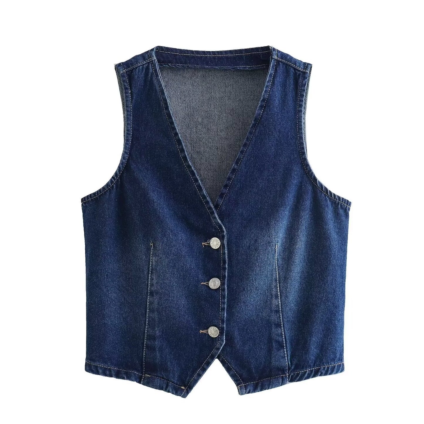 Women's Dark Blue Denim Buckle Back Waistcoat