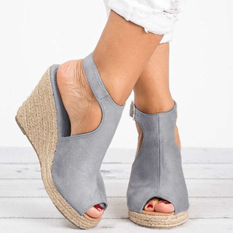 Women's Faux Suede Peep Toe Cork Wedge Ankle Strap Sandals