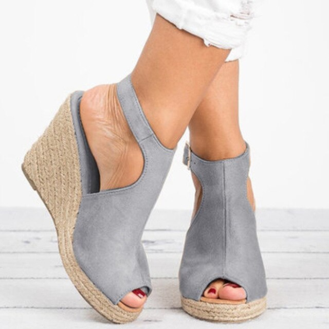 Women's Faux Suede Peep Toe Cork Wedge Ankle Strap Sandals