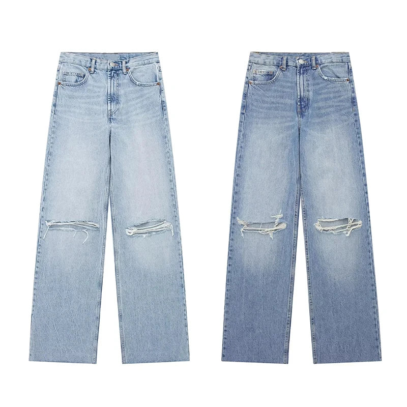 Women's Frayed Hem Ripped Wide Leg Jeans