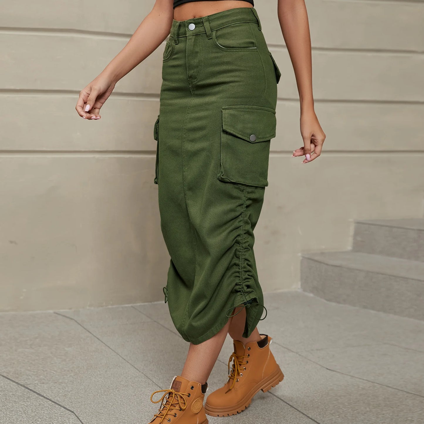 Women's Denim Work Style Skirt Drawstring Sides High Waist Midi