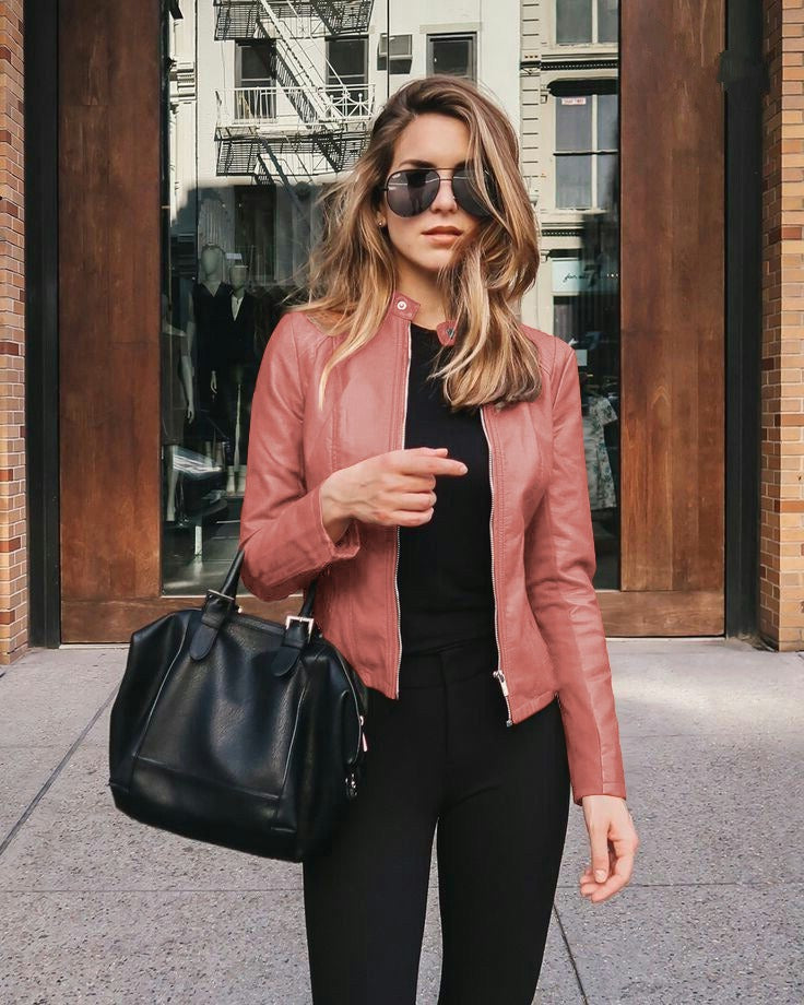Women's Basic Faux Leather Jacket Long Sleeve Zip Front Straight Collar