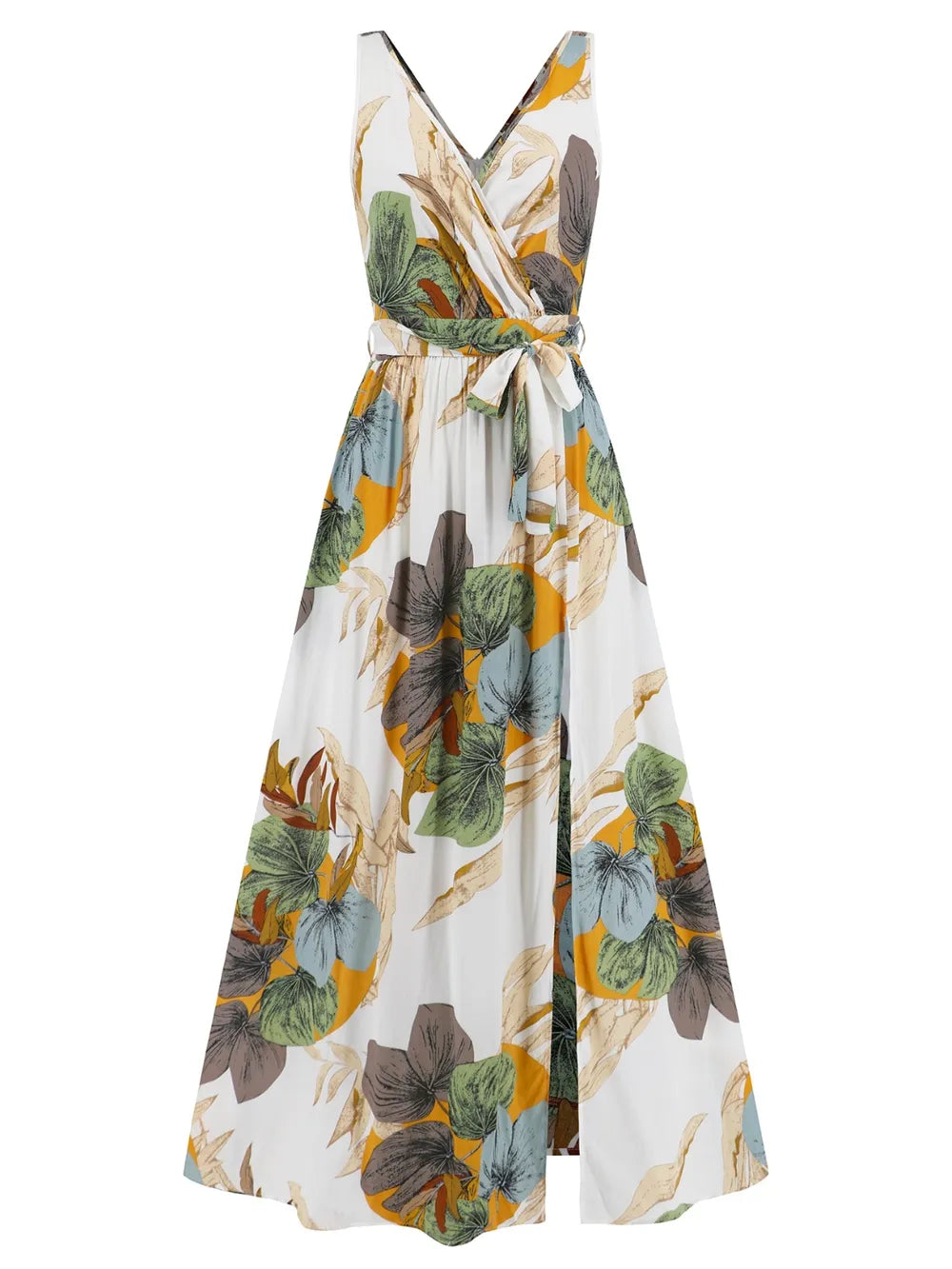 Women's Floral Print V Neck Tie Waist Split Leg Maxi Dress