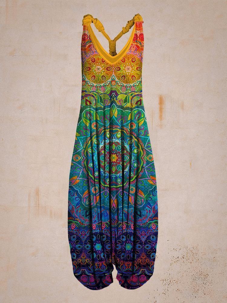Women's Hippie Style Print Loose Wide Leg Sleeveless Racer Back Jumpsuit