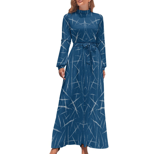 Women's Blue Long Sleeve Tie Belt Waist Maxi Dress