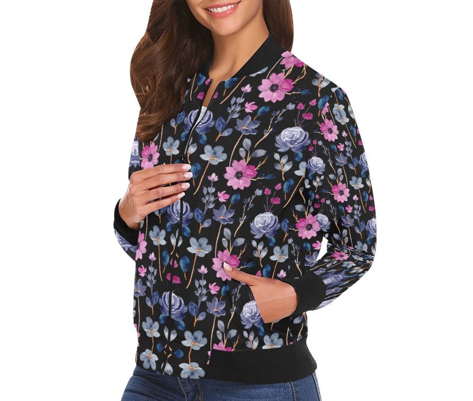 Women's Pink Black Floral Print Bomber Jacket