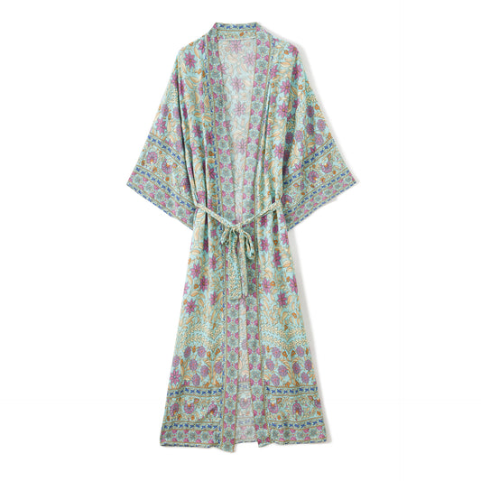 Women's Bohemian Style Turquoise Pink Floral Print Kimono Robe
