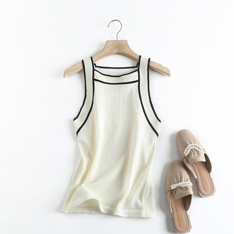 Women's Knitted Contrast Trim Slim Fit Trim Edge Tank Top