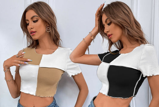 Women's Contrast Two Tone Colour Block Crop T-shirt