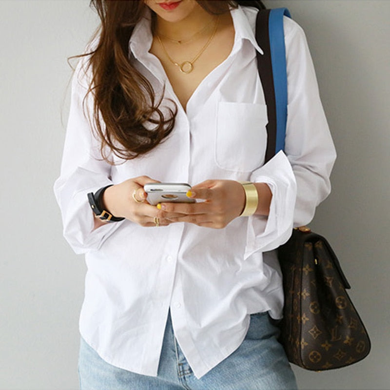 Women's Solid Colour Basic Blouse Long Sleeve Button Front Open Collar Loose Shirt