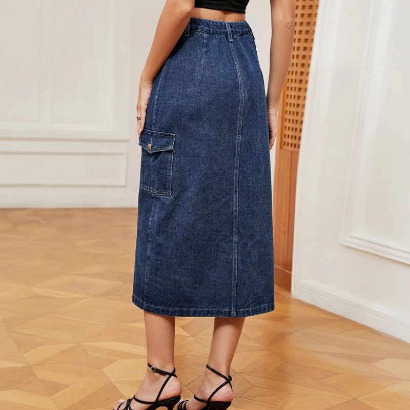 Women's Denim Skirt Side Button Pocket Detail Split Leg