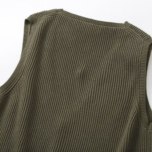 Women's Green Ribbed Knitted Sleeveless V-Neck Tank Top Sleeveless Button Front Top