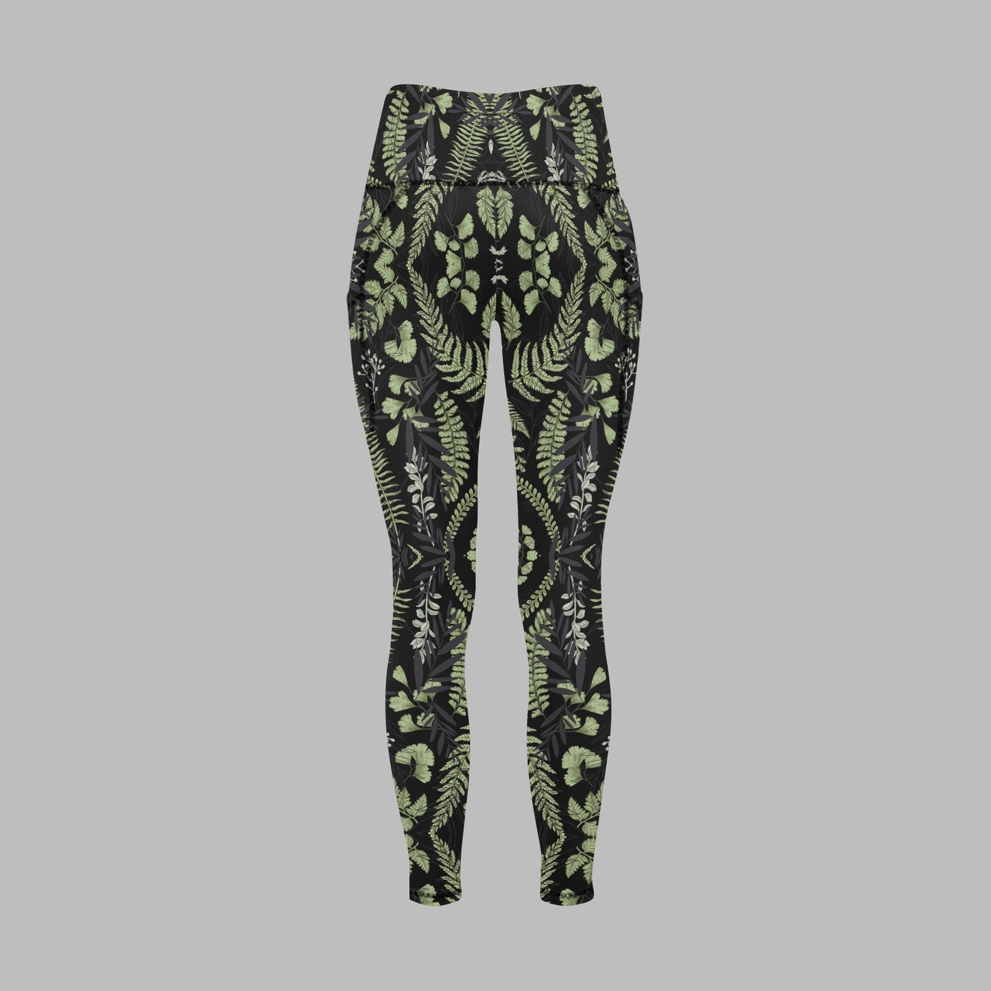 Women's Black Green Leaf Print Leggings with Pockets