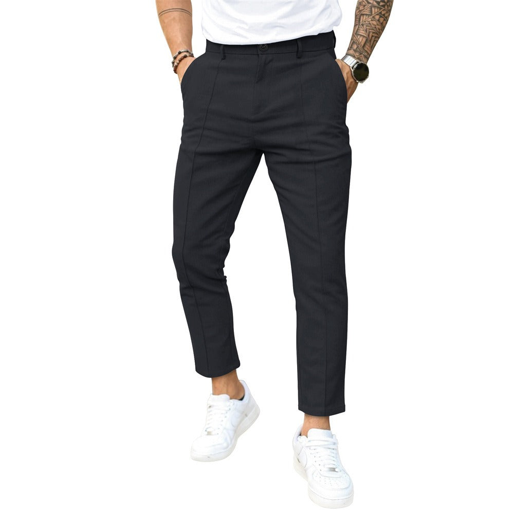 Men's Solid Colour Double Line Seamed Narrow Front Pockets Smart Casual Trousers