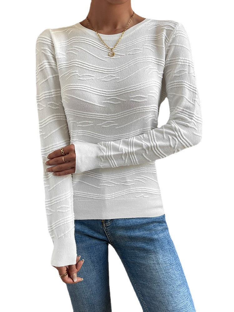 Women's White Thin Sweater Top Jacquard Knitwear Long Sleeve Round Neck Casual Fashion