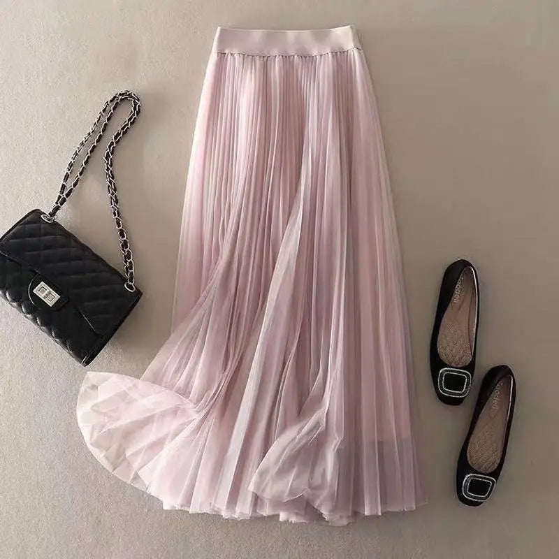 Women's Bohemian Style Mesh Pleated Midi Skirt