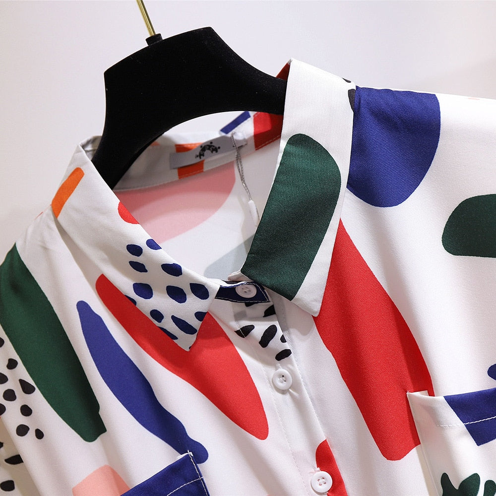 Women's Plus Size Graphic Print Midi Shirt Dress Long Sleeve Belt Tie Waist Button Front