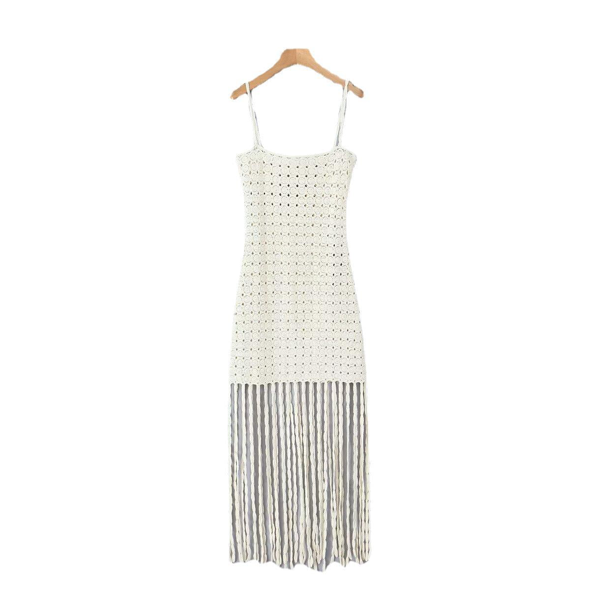 Women's Bohemian Crochet Knit Spaghetti Strap Tassel Edge Hem Dress