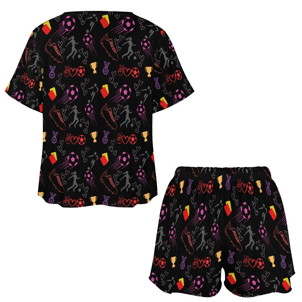 Women's Football Print Two Piece Shorts and T-shirt Pyjamas Set