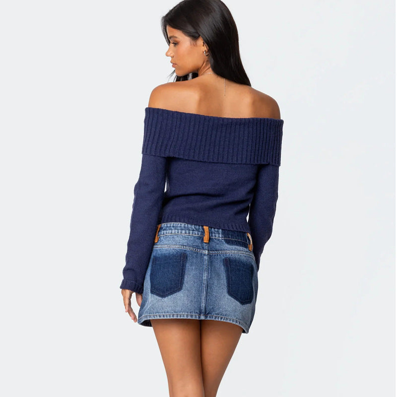 Women's Solid Colour Bardot Off Shoulder Long Sleeve Knit Jumper