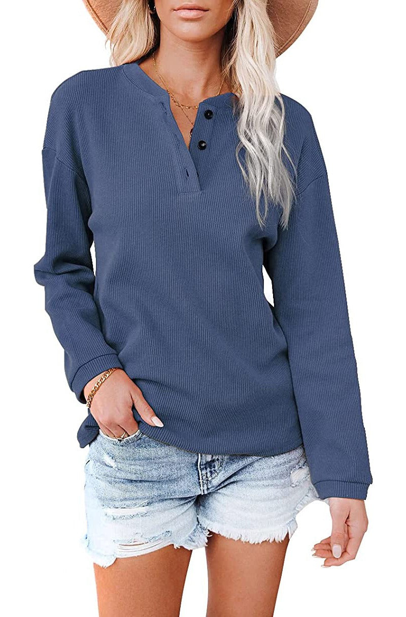 Women's Solid Colour V-Neck Long Sleeved Top Button Collar Round Neck Sweater