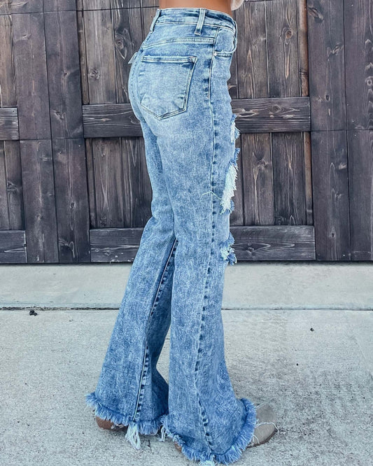 Women's Denim Jeans Ripped Tassel Frill Edge Flared Trousers