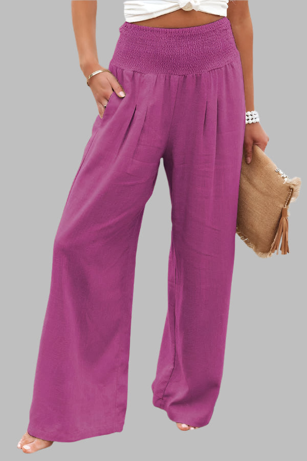 Women's Bohemian Linen Loose Wide Leg Elastic Waist with Pockets Trousers