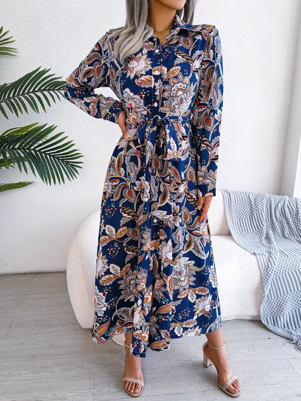 Women's Floral Printed Button Front Long Sleeve Midi Dress