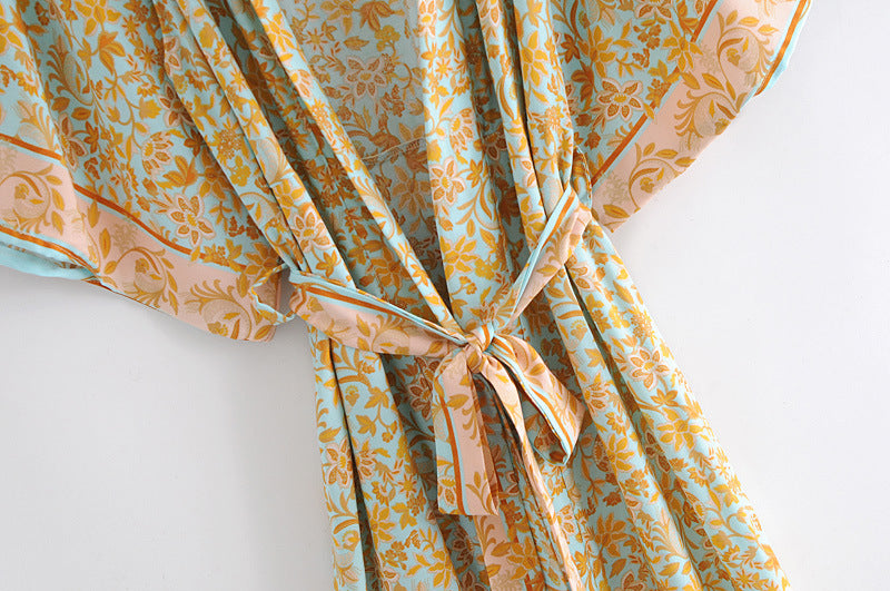 Women's Bohemian Style Yellow Turquoise Floral Print Kimono Robe