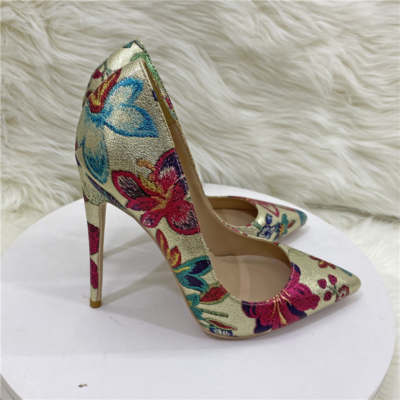 Women's Gold Pink Floral Pointed Toe Stiletto High Heel Shoes