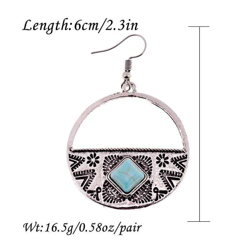 Women's Bohemian Gypsy Faux Turquoise Round Carved Earrings